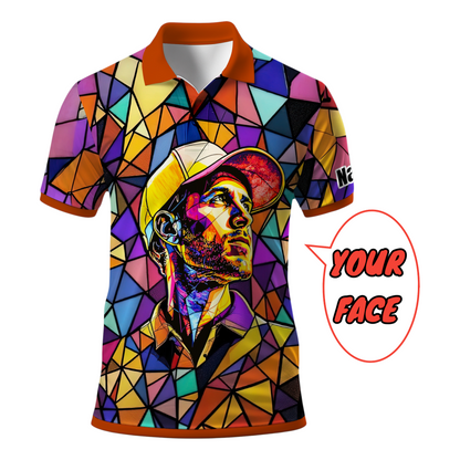 HomyGifts Men's Customized Face Artistic Golf Polo Shirt, Angula Style r Geometric Glass Pattern, Stained-Glass Mosaic Print, Personalized Sublimation Golf Shirt, Vibrant Geometric Portrait Tee Style 12