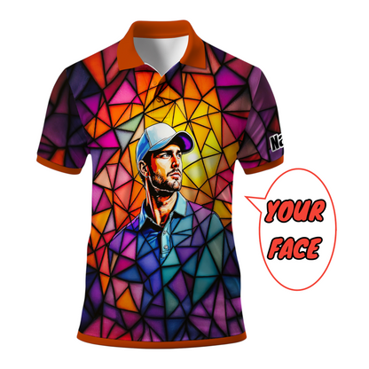 HomyGifts Men's Customized Face Artistic Golf Polo Shirt, Angular Geometric Glass Pattern, Stained-Glass Mosaic Print, Personalized Sublimation Golf Shirt, Vibrant Geometric Portrait Tee Style 7