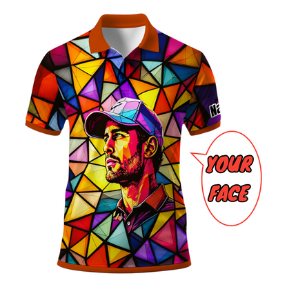 HomyGifts Men's Customized Face Artistic Golf Polo Shirt, Angular Geometric Glass Pattern, Stained-Glass Mosaic Print, Personalized Sublimation Golf Shirt, Vibrant Geometric Portrait Tee Style 11