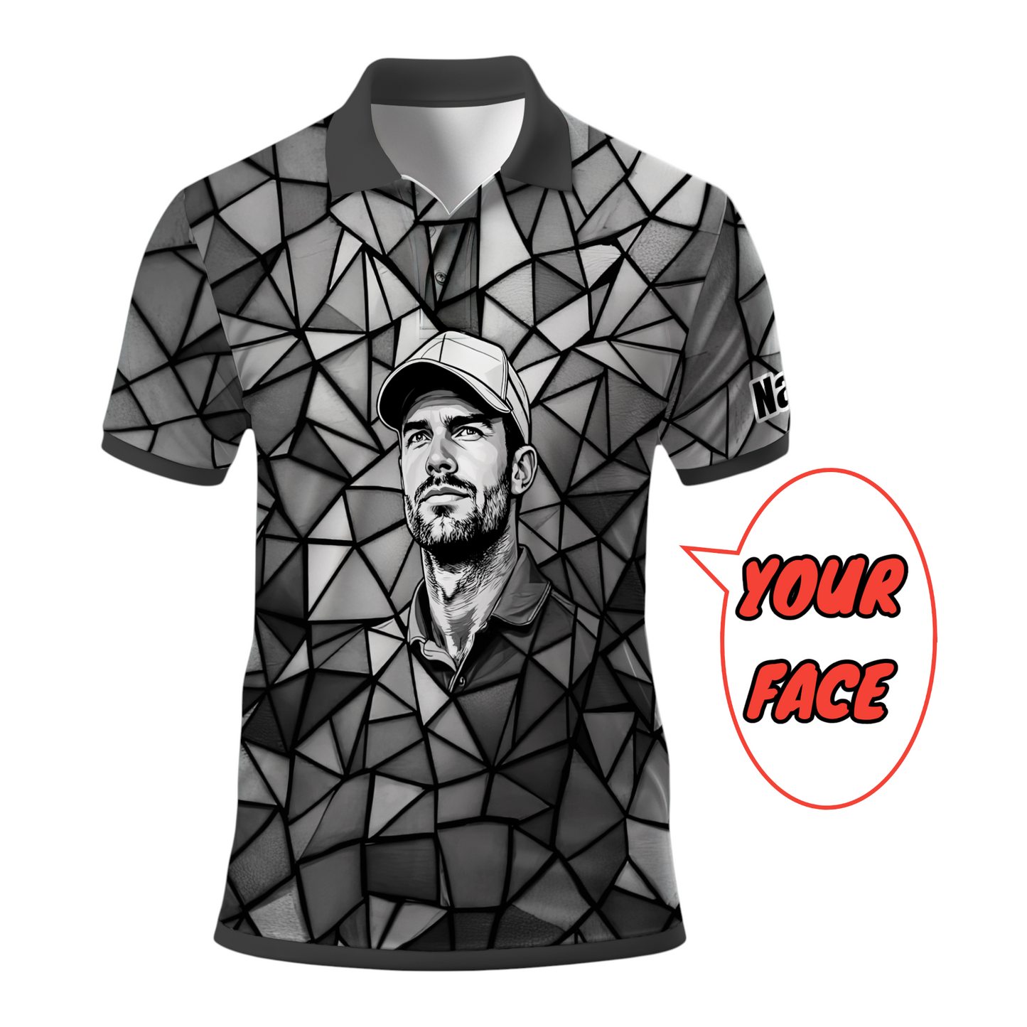 Angular Geometric Glass Pattern Custom Face Polo — Stained-Glass Mosaic Print, Personalized Sublimation Golf Shirt, Vibrant Geometric Portrait Tee Style 6