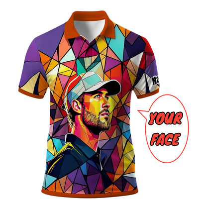 HomyGifts Men's Customized Face Artistic Golf Polo Shirt, Angular Geometric Glass Pattern, Stained-Glass Mosaic Print, Personalized Sublimation Golf Shirt, Vibrant Geometric Portrait Tee Style 10