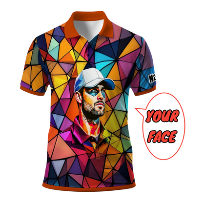 Angular Geometric Glass Pattern Custom Face Polo — Stained-Glass Mosaic Print, Personalized Sublimation Golf Shirt, Vibrant Geometric Portrait Tee Style 5