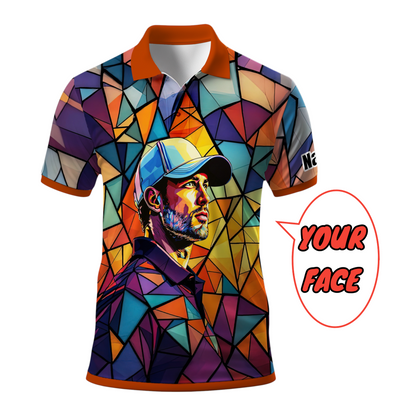 Angular Geometric Glass Pattern Custom Face Polo — Stained-Glass Mosaic Print, Personalized Sublimation Golf Shirt, Vibrant Geometric Portrait Tee Style 4