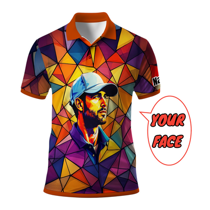 Angular Geometric Glass Pattern Custom Face Polo — Stained-Glass Mosaic Print, Personalized Sublimation Golf Shirt, Vibrant Geometric Portrait Tee Style 3