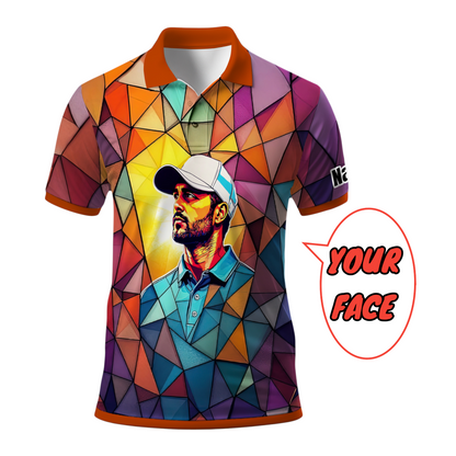 Angular Geometric Glass Pattern Custom Face Polo — Stained-Glass Mosaic Print, Personalized Sublimation Golf Shirt, Vibrant Geometric Portrait Tee Style 2