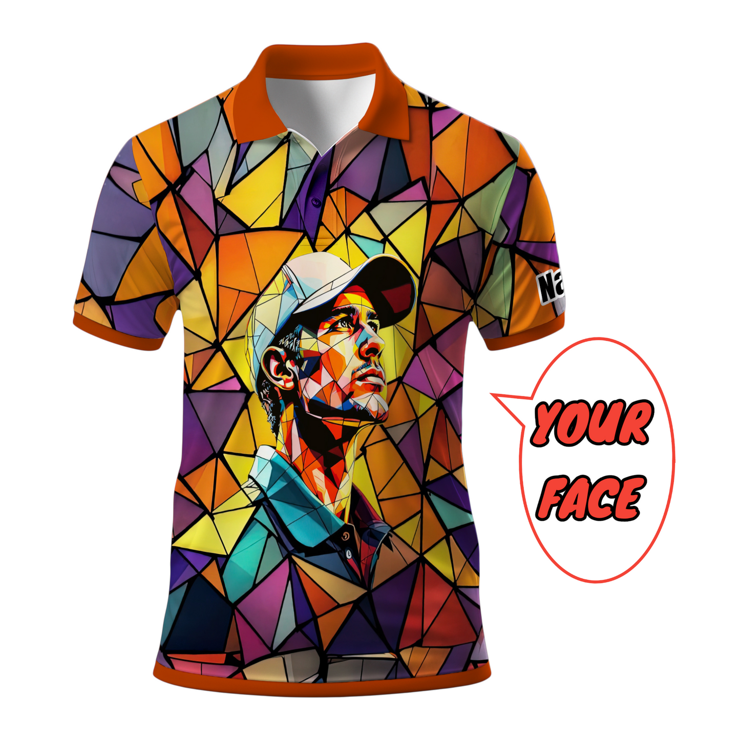 Angular Geometric Glass Pattern Custom Face Polo — Stained-Glass Mosaic Print, Personalized Sublimation Golf Shirt, Vibrant Geometric Portrait Tee Style 1