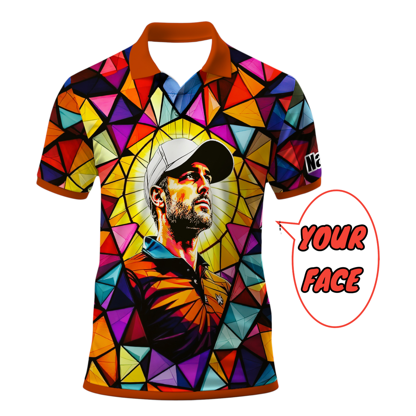 HomyGifts Men's Customized Face Artistic Golf Polo Shirt, Angular Geometric Glass Pattern, Stained-Glass Mosaic Print, Personalized Sublimation Golf Shirt, Vibrant Geometric Portrait Tee Style 9